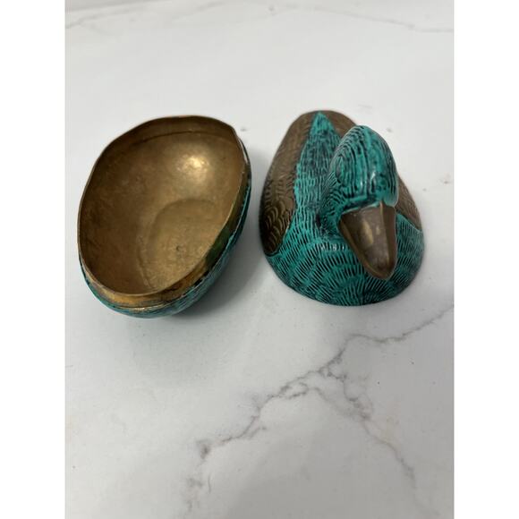 Trinket Jewelry Box Pewter Duck Shape with Lid Figurine Green Gold - Picture 2 of 5
